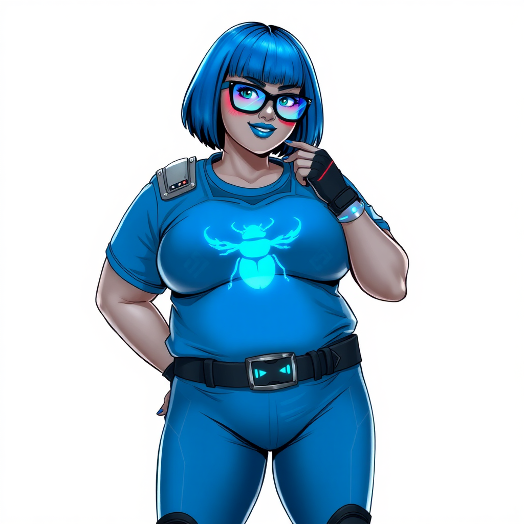 A 28-year-old, full-figured, metallic middle gray (N5) skinned computer program hybrid with a maximum blue bob cut. She has a non-athletic build, highlighted by a prominent, round, large midsection (with full emphasis on her belly), which shows the effects of her new love of junk food acquired from her boyfriend. As the full-figured, nerdy, digital sidekick to her cyberpunk vigilante boyfriend, her metallic middle gray (N5) skin and maximum blue lipstick emphasize her digital nature. Her skin has a subtle, animated glow, with digital patterns occasionally flickering across it, making her digital nature obvious. She wears a digital, computerized costume, consisting of a huge, tight-fitting, maximum blue t-shirt with a neon blue glowing chest icon of a beetle, hi-tech shoulder pads with neon blue accents, a black hi-tech belt with a digital neon blue glowing buckle, digital maximum blue biker pants with neon blue accents, and black hi-tech fingerless biker gloves with neon blue glowing accents. Her neon blue glowing eyes, black eyeglasses with neon blue glowing lenses equipped with a built-in HUD, and bashful smile with neon red blush accentuate her nerdiness. She stands bashfully with one hand behind her back and the other hand gently touching her cheek, her costume covering all her skin and fully emphasizing her full-figured physique (especially her large belly). She is clearly non-athletic, with a focus on her full-figured physique. Despite her build, she radiates beauty. She has a slim face compared to her physique, accentuating her radiant beauty. She is on a solid white background. She is drawn as if she were in a retro 2D cyberpunk fighting game.