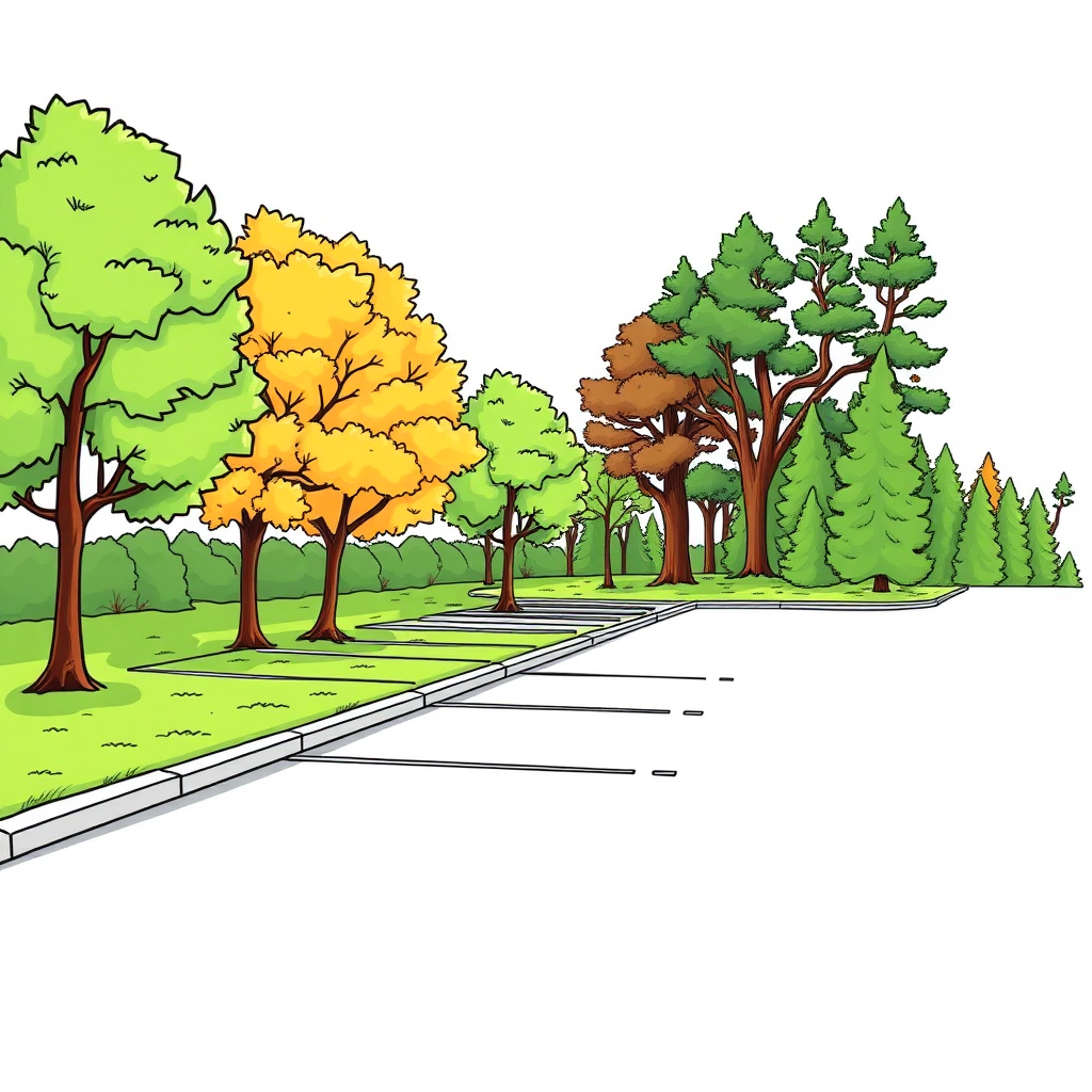 a small parking lot, borders, trees, lawn, wood outskirt on the right, colorfoul image long establishing shot, 2D, caricature, cartoon, Sketch lines, coloring book, coloring book style on white background, well composed, clean coloring book page, No dither, no gradient, strong outline, No fill, No solids, vector illustration, realistic proportions, left side view