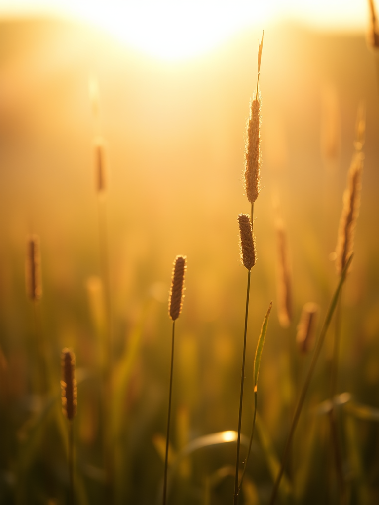 Draw the reeds shining in backlight in the reed field, with the background out of focus.