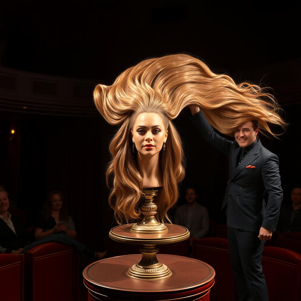 In a dimly lit theater, the atmosphere crackles with anticipation, the audience's murmurs a blend of curiosity and skepticism. On a grand, elegantly adorned display stand sits the disembodied head of the enchanting Beyoncé, her radiant skin glistening under the soft, warm glow of the spotlight. Her striking features are perfectly framed by cascading locks of lustrous, very long hair that shimmer with hues of light brown and hints of rich mahogany, reminiscent of polished silk.

Standing beside her is the magician, a charismatic figure in a sharp, tailored suit that glints with sequins in the light. With theatrical flair, he holds her voluminous hair aloft, fingers splayed wide, deftly spreading it out like a shimmering waterfall, mesmerizing the audience. The hair flows like liquid night, each strand capturing the light as it falls gracefully to the ground, creating a stunning, almost surreal contrast against the stark wooden stage.

The magician’s face is lit with a confident smile, his eyes sparkling with the thrill of the performance, as he engages the audience with playful banter. Their gasps and laughter echo throughout the room, a symphony of wonder and disbelief. The scent of polished wood and fresh popcorn wafts through the air, mingling with the underlying electricity of the moment. Time seems to stand still as the audience leans in, captivated by the spectacle, a seamless blend of illusion and artistry that promises to defy reason and ignite imagination.