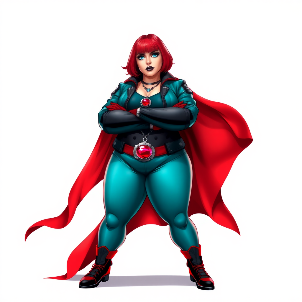 A 26-year-old, full-figured, mystical vigilante detective becomes the heavily pampered mystical ally of her cyberpunk vigilante older brother figure. She has a bright red bob cut, black lipstick, and piercing bright blue eyes. She has a new non-athletic build, now highlighted by a prominent, round, gargantuan midsection (with full emphasis on her gargantuan belly), which shows the aftermath of her new pampered lifestyle. Despite her pampered physique, she shows full confidence. She wears a biker suit consisting of a huge, magical, tight-fitting, maximum turquoise biker shirt (accentuating and emphasizing her gargantuan belly) maximum turquoise biker pants, complemented by a glowing neon red cape, a mystical ruby amulet (which is the source of her mystical powers), and magical red gloves glowing neon red. Her stance is firm and resolute, arms crossed, exuding a no-nonsense attitude. Her costume reflects the influence of DC New 52 Prime Earth’s Phantom Lady, Jennifer Knight, while her pose embodies the moral ambiguity and determination reminiscent of DC’s Pax Americana’s The Question. She is on a solid white background. She is drawn as if she was in a retro 2D cyberpunk fighting game. She is clearly non-athletic, with a focus on her full-figured physique. Make sure that her biker suit covers all of her bare skin (especially her gargantuan midsection).