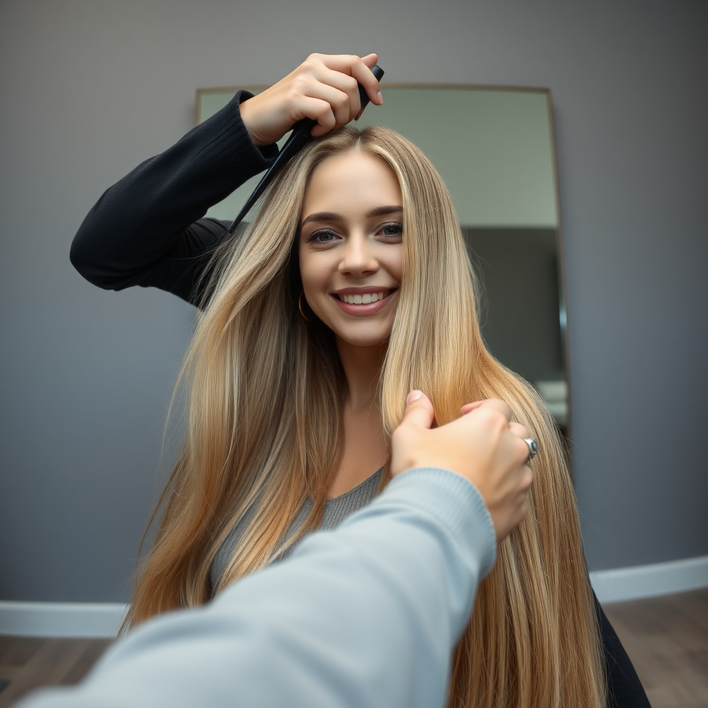 POV, beautiful very long haired blonde woman sitting in a hair salon smiling at the camera while I reach out from behind the camera to trim her very long hair. Plain gray background.