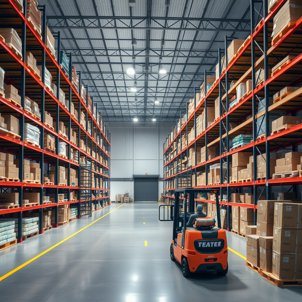 Create a high-resolution stock photo of a modern warehouse interior. The scene should include tall shelves filled with various boxes and products, a spacious layout with clear pathways, and bright overhead lighting. Include a forklift and a gate. The overall atmosphere should convey efficiency and organization, with a clean and professional look. NO text.