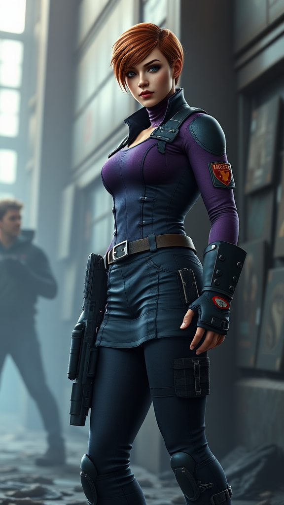 Create a full-length render featuring Daphne Blake using the male figure of Chris Redfield. Keep Daphne's head intact, including hairstyle and facial features. Retain Daphne's original costume, modified to fit the new male form. For the background, blend elements inspired by both characters, creating a unique environment reflective of their combined themes.