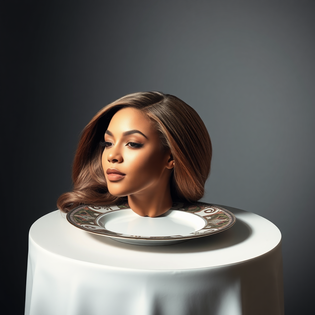 In a surreal and striking scene, the elegantly styled disembodied head of a stunningly beautiful Beyoncé rests gracefully on an ornate, luxurious plate, which is carefully placed on a simple, understated table. Her very long, flowing hair cascades like a rich waterfall of silky, rich brown locks, framing her exquisite face and accentuating her radiant, flawlessly glowing skin. The delicate contours of her chin rest lightly against the polished surface of the plate, lending an unexpected intimacy to the bizarre presentation. 

The background is a muted, plain gray, casting an air of modern minimalism that contrasts dramatically with the lavishness of her appearance. Soft shadows play across her features, highlighting the subtle high cheekbones and perfectly shaped lips, which seem poised for a soft smile. The atmosphere feels both elegant and eerie, inviting intrigue and contemplation as viewers are drawn into this surreal artistic tableau, where beauty and the absurd collide in unexpected harmony.