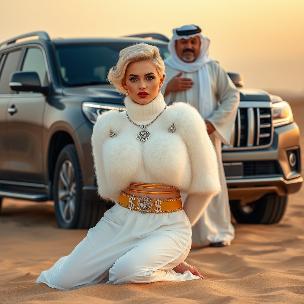 Kuwait desert dunes misty dawn, full size luxury SUV: Melissa, European 17 years old very convincing femboy “trophy-bimbo”, tamed servile docile, very beautiful feminine flawless face, rather short, by hormones very curvaceous womanly figured, platinum blond short tight curls, bold red lips, heavily made-up face, wearing Supertanya-style fluffy very fuzzy bright white angora turtleneck-poncho cropped ending under bust decorated with pearls and gemstones, striking oriental wide gold bridal protection belt, white fully transparent harem pants, full Oriental bridal jewelry including headpiece, nose-ring, coin anklets, striking diamond “$$$” letter brooch on left chest, pout frustrated, hands tied behind back, kneeling in sand in front of SUV, looking at camera. Focus on face and turtleneck-poncho. Standing behind Melissa: older overweight tall proud sheik, approvingly patting Melissa.