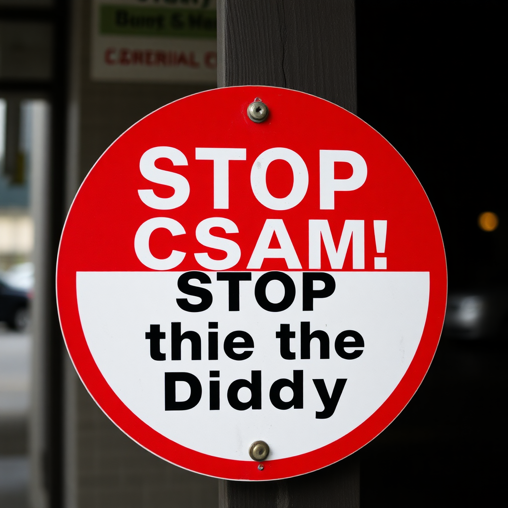 a red aggressive danger sign saying "Stop CSAM! Stop the Diddy!"