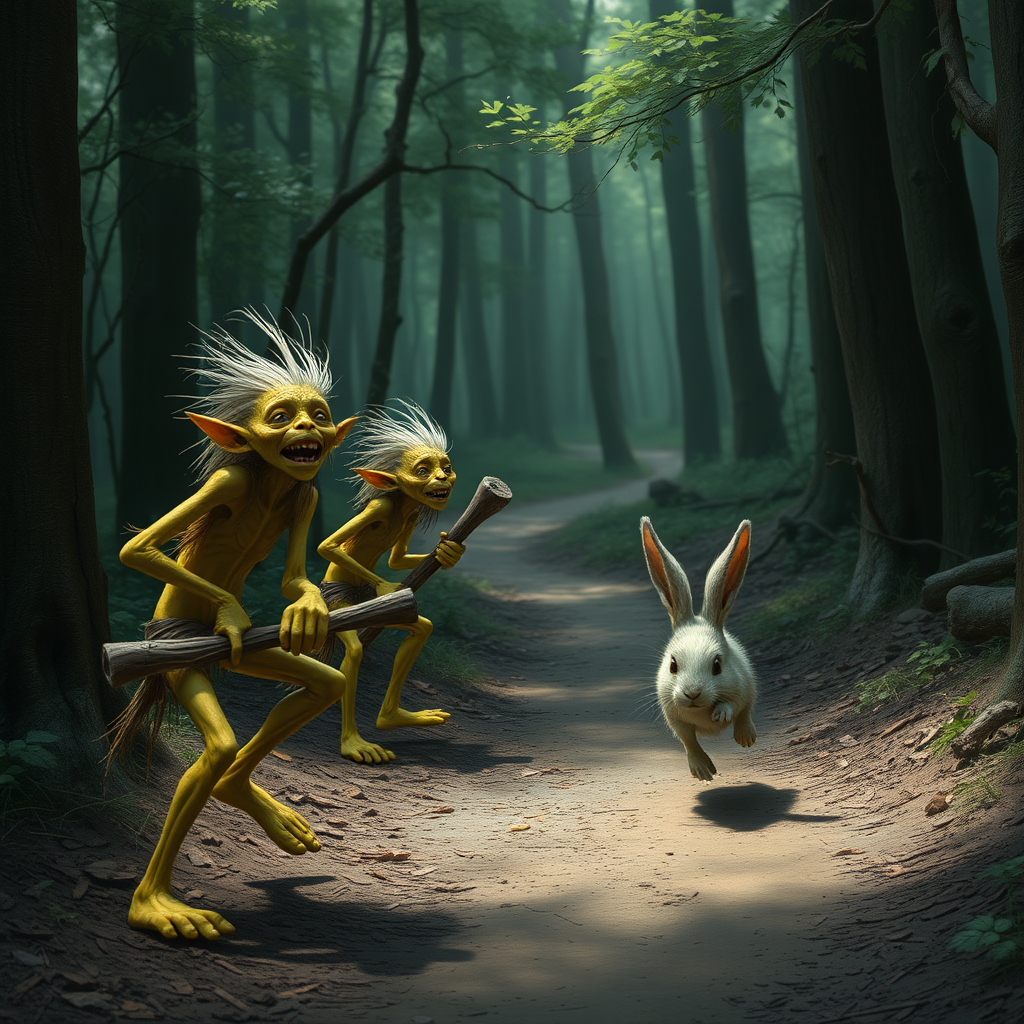 A realistic picture of several skinny, yellow goblins with wooden clubs looking at and chasing after a fleeing bunny along a forest path