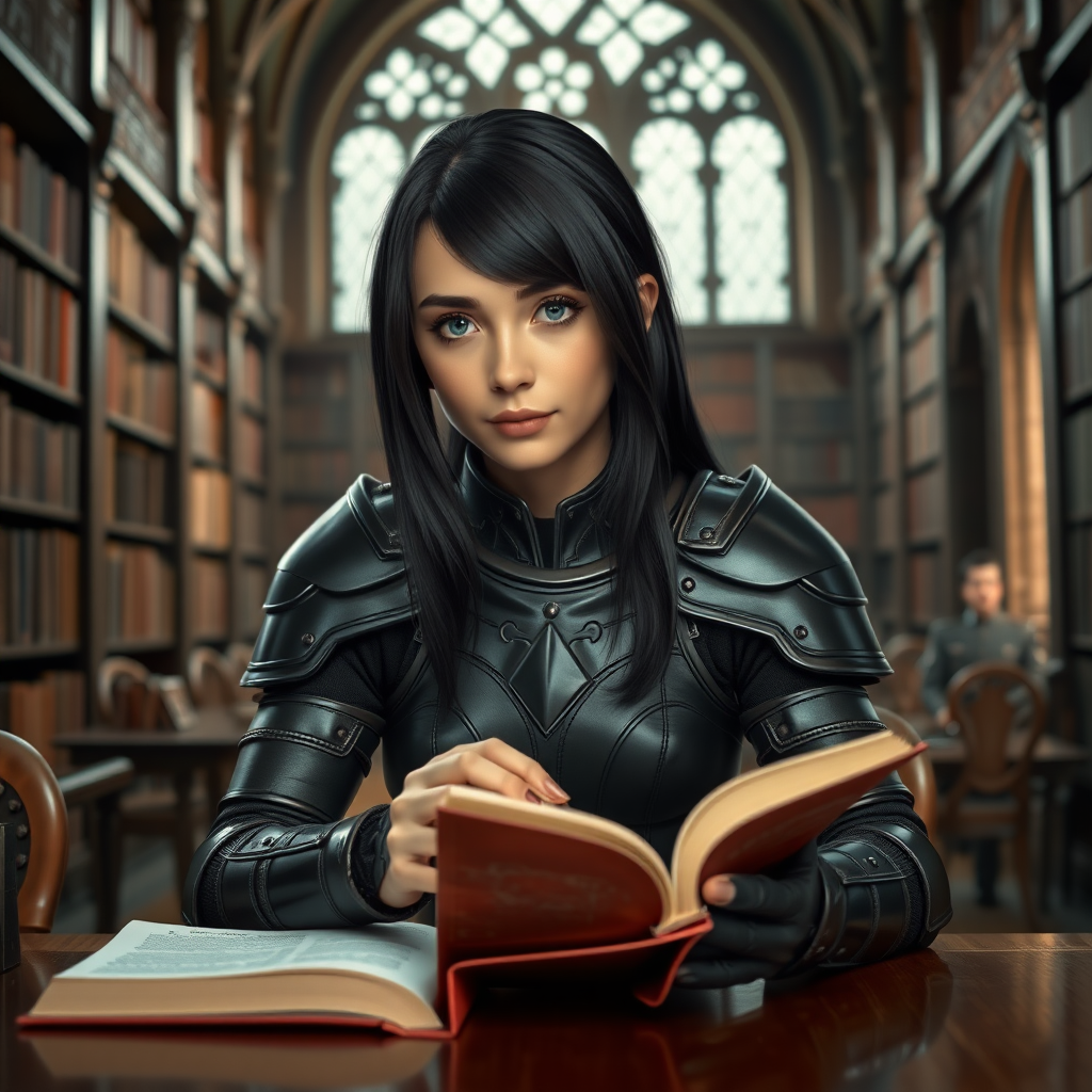 beautiful young woman, dark hair past her shoulders, blue eyes, small, slim figure, wearing full leather armor suit, sitting, sandwich on the table, reading a book, in a grand old library.