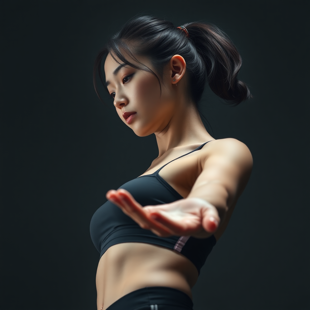 Photorealistic full body low angle shot athletic Korean woman holds her arm outstretched, looking at something resting on her palm negative: bad anatomy