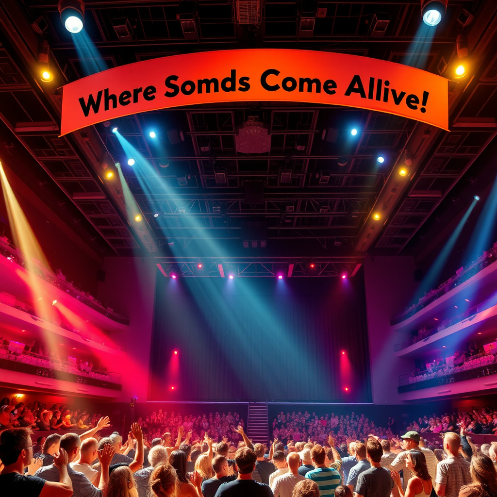 An imaginative scene of a grand auditorium filled with colorful lights, a large stage in the foreground, and an excited audience clapping, with a banner overhead reading, "Where Sounds Come Alive!"