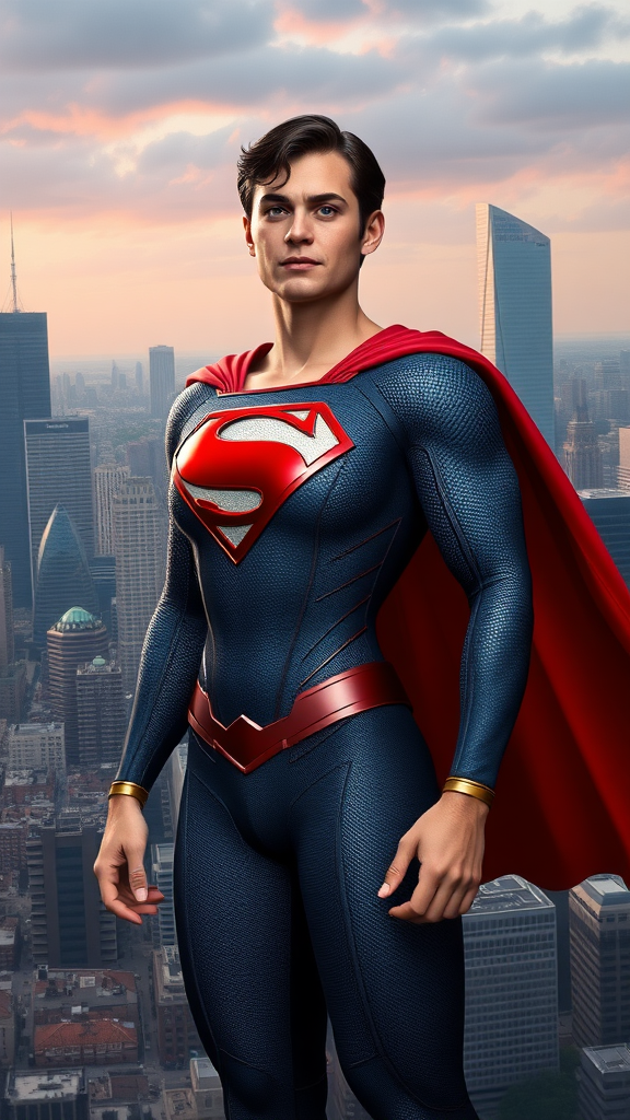 Generate photorealistic full-body image of Superman but reimagine him having Elastigirl's female physique, retaining Superman's head. Adapt iconic costume to fit new form. Set against a blended cityscape inspired by Metropolis' urban skyscrapers and Elastigirl's suburban Parr hometown.