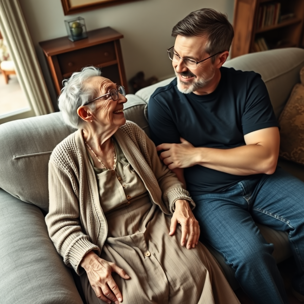 In a scene viewed from an angle and slightly above: In an old-fashioned English living room, a very frail, small and thin, very old and elderly English lady with a kind smile, short, thinning white curly hair, wrinkled face, neck and skin, wearing thin framed glasses, an old cardigan, blouse and long skirt is sitting on a sofa with an English man about 40 years old, grey stubble on his chin, brown hair, sitting close next to her on the same sofa, wearing a black T-shirt and dark blue jeans. The man and woman are smiling at each other. The woman is looking at the man's eyes and smiling. The man is looking at the woman's eyes and smiling.