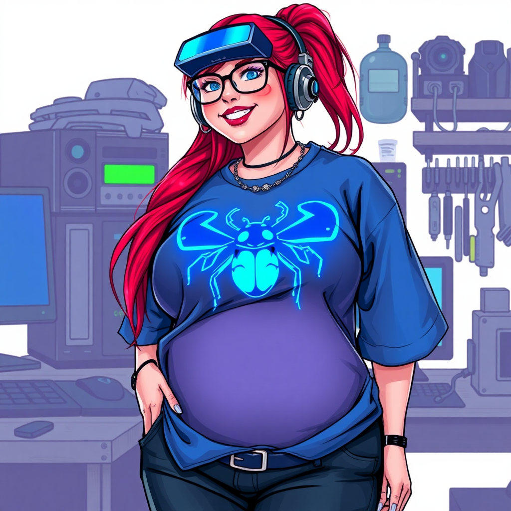 A cyberpunk vigilante’s full-figured intelligent and tech-savvy 29-year-old girlfriend, who is a computer hacker and tech genius. She has a long ruby red ponytail and bright blue eyes. She wears a sapphire beetle gemstone necklace, and an oversized maximum blue t-shirt featuring a giant neon blue glowing icon of a beetle on its chest. She has a full-figured physique with a prominent, gargantuan, round midsection, reflecting her well-cared-for lifestyle. The midsection is heavily emphasized. She sports a sapphire headset with hi-tech maximum turquoise lensed HUD visor, black eyeglasses, and a beaming smile with a passionate bright red blush. Despite her figure and a lack of self-esteem, she radiates an air of beauty. She has a slim face which contributes to her radiant beauty. She serves as his tech expert from his hideout, dutifully working at her workshop with a computer desk and tool bench. The background is solid white. She is drawn as if she was in a retro 2D cyberpunk fighting game. Ensure her shirt covers her round midsection.