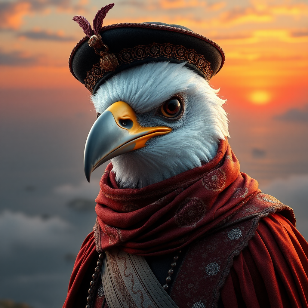 Create a **surreal, cinematic** portrayal of a **majestic bird** elegantly dressed for a royal event, featuring an **ancient, elaborate scarf and hat**. The bird’s eyes should convey profound **wisdom and mystery**, captivating viewers with its enigmatic presence. Set this figure against an **ethereal, dreamlike landscape** adorned with **floating islands** and a **distant, vibrant sunset**, blending elements of **fantasy and high fashion** with touches of **whimsy and enchantment**.

**Technical and Artistic Specifications:**

- **Resolution & Display:**  
  Render in stunning **64K UHD** resolution, showcasing a **broad color spectrum** and **intricate detail**, perfect for high-profile platforms like **ArtStation** and **Behance**.

- **Digital Art Techniques:**  
  Utilize advanced tools such as **Corel Painter**, **ZBrush**, and **Adobe Photoshop** to achieve **remarkable 3D volume**, **exquisite shading**, and **ultra-fine detailing**.

- **Materials & Textures:**  
  Incorporate **high-quality pigments**, **metallic flakes**, and **glass beads** to ensure textures **radiate vibrancy** under raking light.

- **Lighting & Depth:**  
  Implement a **tranquil chiaroscuro effect** with a subtle interplay of **light and shadow**, enhancing depth and clarity through **soft, delicate colors** and **nuanced shades** of grey, black, and white.

- **Rendering Quality:**  
  Employ **advanced rendering techniques** and **3D volumetric effects** for unparalleled detail and sharpness. Include a **hyper-realistic pencil sketch texture** for intricate details.

- **Composition & Focus:**  
  Emphasize **gentle, lifelike depth** and **striking details** with a **cinematic close-up** approach. Use a **balanced f/11 aperture** and a **raw photographic style** with **advanced v6 enhancements** to render vivid colors and minute details at an exceptional level of realism.

- **Overall Harmony:**  
  Achieve **maximum harmony** across all elements, resulting in a **balanced and cohesive composition** that captivates both **technically and emotionally**.

**Additional Elements to Include:**

- **Tranquil chiaroscuro effect** for enhanced depth and clarity.
- **Soft, delicate colors** to infuse the piece with subtlety and serenity.
- **Advanced rendering techniques** for greater detail and sharpness.
- **Digital art tools** to utilize cutting-edge technology.
- **3D volumetric effects** to add depth and spatial qualities.
- **Hyper-realistic pencil sketch texture** for intricate details.
- **Subtle interplay of light and shadow** to evoke lifelike realism.
- **Soft, nuanced shades** of grey, black, and white to add depth without overwhelming.
- **Gentle, lifelike depth** to enhance overall impact.

**Inspiration:**
Draw artistic inspiration from **Cameron Gray**, **John Gould**, **Vladimir Volegov**, **Mondrian**, **Craig Mullins**, **Jirka Vinse**, **Jonatan Väätäinen**, **Meghan Duncanson**, and **Bergsma** to enrich the visual and emotional impact of the artwork.