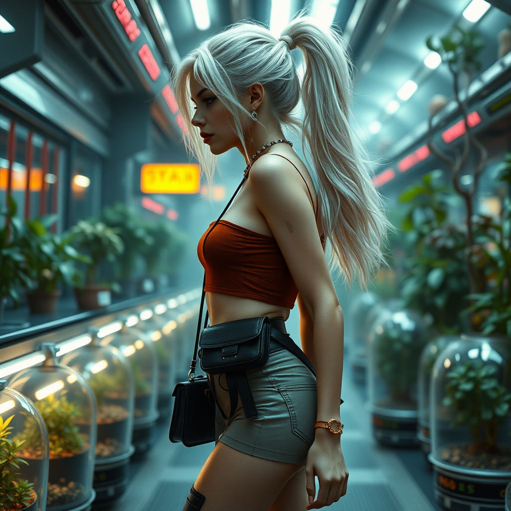 A full body shot of pretty girl like (ana de armas). pale, freckles, eyeliner, messy long white hair in a ponytail.  crop top, cyberpunk 2077, space station, crop terrarium, high heel ankle boots, collar, purse and jewelry. lips slightly parted. Photorealistic digital matte painting, soft focus, film grain, lens flare. she is walking away from camera.