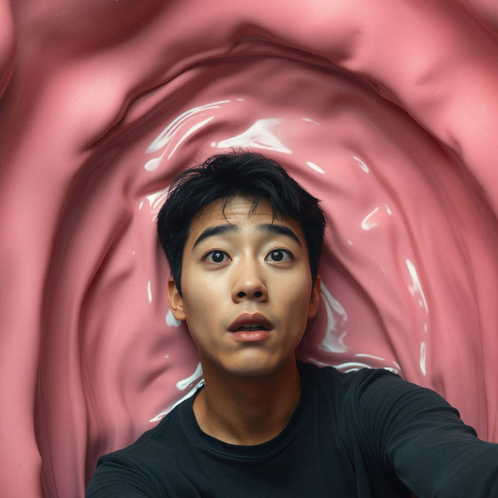 View from above. Young Korean man stuck in a tight space. Only his head and torso are visible. The walls of the space are undulating, pink, wet, and engulfing his body. He has a surprised expression.