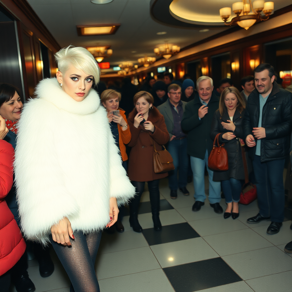 1990 winter evening, crowded cinema lobby: Sam, 19 years old beautiful involuntary femboy, rebellious intractable character, petite boyish figure, platinum blond boyish rebel punk hairstyle, flawless heavily made-up face with sharp arched tattooed eyebrows, wearing Supertanya-style fluffy very fuzzy bright white angora thigh-length turtleneck-poncho fully covering body and arms, silver-glitter leggings, black leather high-heeled pumps, silver earrings, puzzled alarmed, pout serious, impatiently waiting for her master. Other visitors watching laughing taking pictures. Full view of scene.