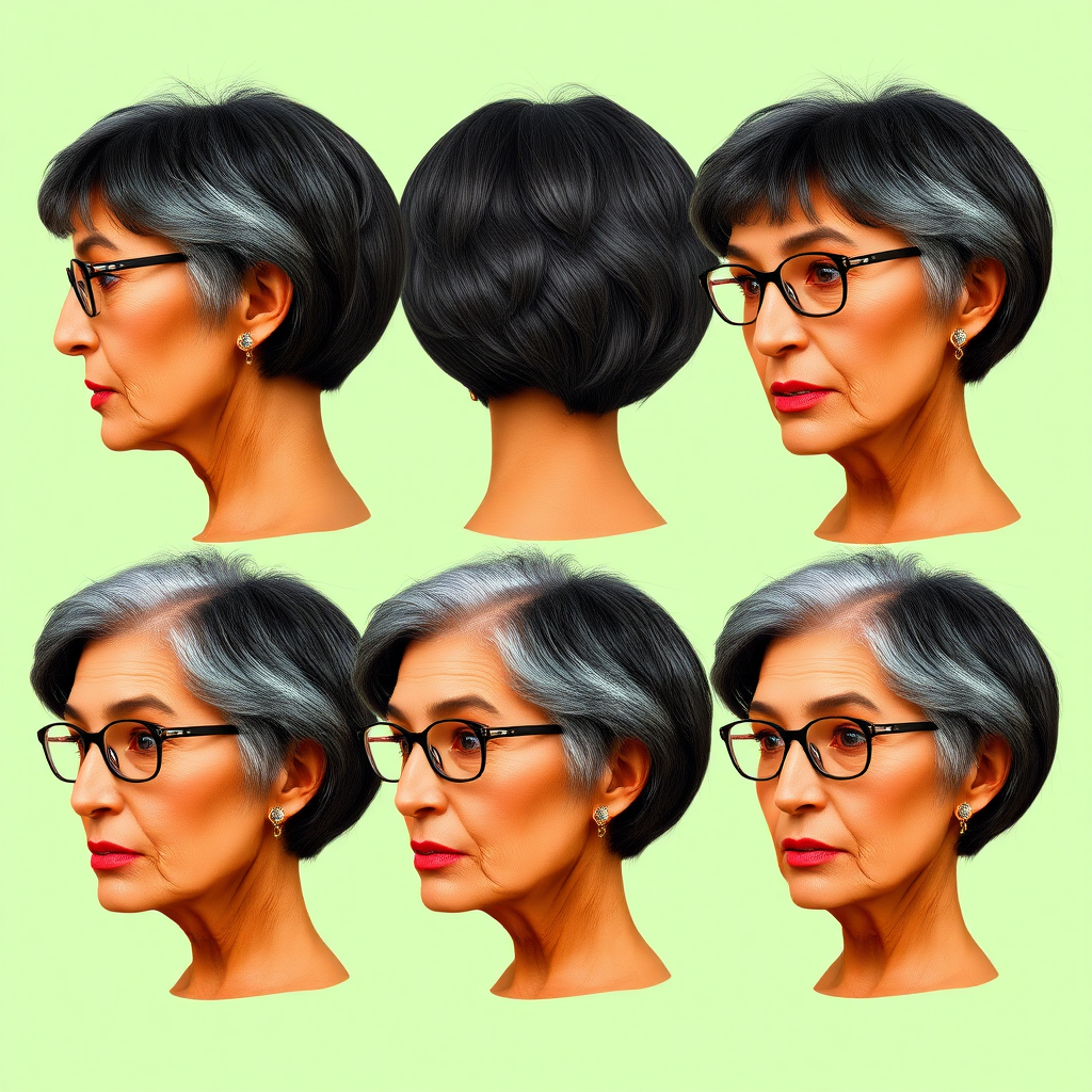 Photorealistic image of six headshots of a 50 Years old, fit, European, Latina, sharp aquiline nose, wrinkles, high cheekbones, Middle Eastern, Skinny, Tanned skin, Dark light skin, full Makeup, jewelry, Sharp nose, exaggerated expression, biting her lips, looking down, mouth open, dark grey Ash hair, short bowl haircut, Brown eye color, Glasses, with detailed features. Each photo displays the same face in back, profile and front view, cut out and isolated on a green background. All six heads are visible side by side, empty space around each view, no overlapping.