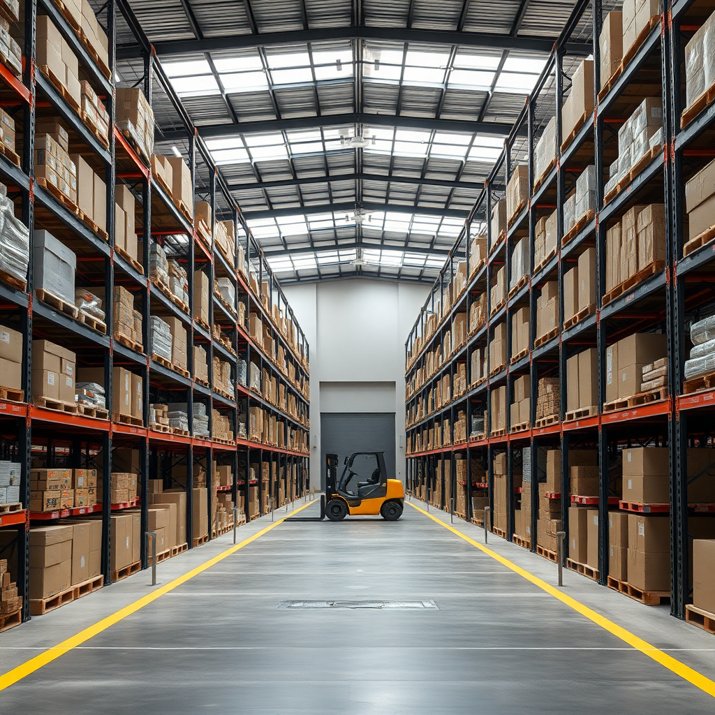 Create a high-resolution photo of a modern warehouse interior. The scene should include tall shelves filled with various boxes and products, a spacious layout with concrete pathways, and bright overhead lighting. Include a forklift without an operator and a partially open gate in the distance. The overall atmosphere should convey efficiency and organization, with a clean and professional look.