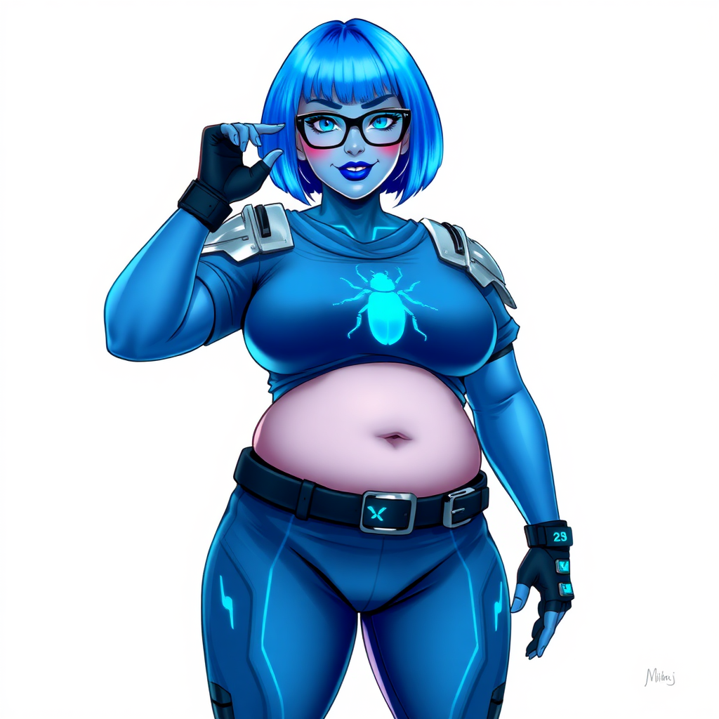 A 28-year-old, full-figured, metallic maximum blue (5PB 5/10) skinned computer program hybrid with a maximum blue bob cut. She has a non-athletic build, highlighted by a prominent, round, large midsection (with emphasis on her belly), which shows the effects of her love of junk food acquired from her boyfriend. As the full-figured, nerdy, digital sidekick to her cyberpunk vigilante boyfriend, her metallic maximum blue skin and maximum blue lipstick (5PB 5/12) emphasize her digital nature. Her skin has a subtle, animated glow, with digital patterns occasionally flickering across it, making her digital nature obvious. She wears a digital, computerized superhero costume, consisting of a huge, tight-fitting, maximum blue t-shirt (5PB 5/12) made out of advanced nanotech with a neon blue glowing chest icon of a beetle, hi-tech shoulder pads with neon blue accents, a black hi-tech belt with a digital neon blue glowing buckle, digital maximum blue biker pants (5PB 5/12) with neon blue accents, and black hi-tech fingerless biker gloves with neon blue glowing accents. Her neon blue glowing eyes, black eyeglasses with neon blue glowing lenses equipped with a built-in HUD, and bashful smile with neon red blush accentuate her nerdiness.

She stands with a shy, slightly hunched posture, one hand nervously adjusting her glasses while the other clutches a digital tablet close to her chest. Her pose reflects her intellectual curiosity and slight social awkwardness, much like Sci-Twi. Her costume covers all her skin and emphasizes her full-figured physique (especially her belly). Despite her build, she radiates beauty. She has a slim face compared to her physique, accentuating her radiant beauty. She is on a solid white background. She is drawn as if she were in a retro 2D cyberpunk fighting game.