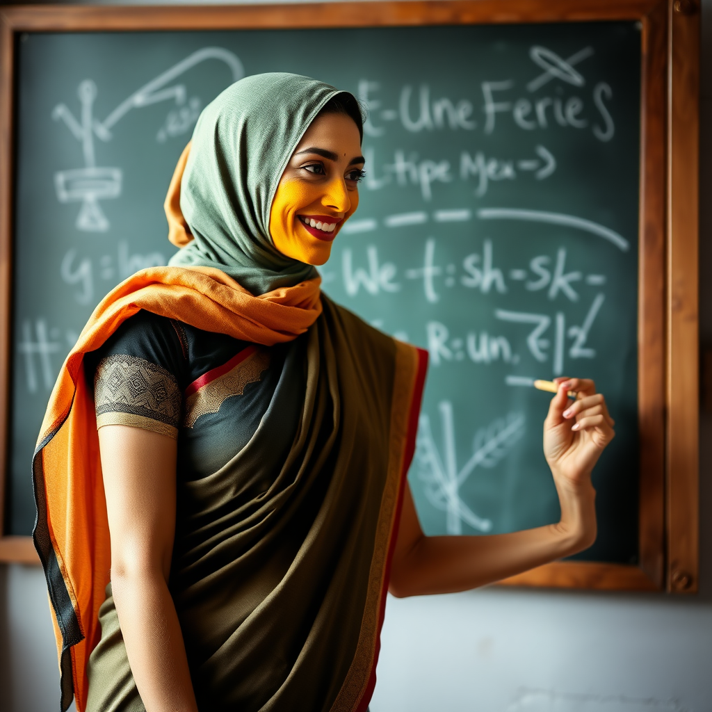 slim, 30 year old, sexy, french female school teacher, saree, scarf head, turmeric face mask. She is smiling and teaching on a blackboard