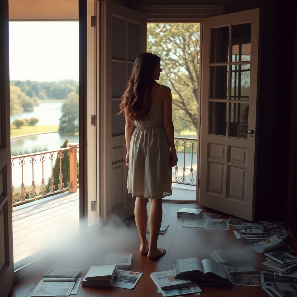 a young woman standing in the door frame of an open terrace door and looking outside to a beautiful park with a lake and trees. she is wearing a simple dress and is barefooted. long brunette hair with highlights. on the floor behind her in the room there are many disrupted books and magazines. warm light outside, darkness inside. the books and magazines slowly disappear fog on the ground of the room. sun on the ground level terrace. no fence or handrail. photo