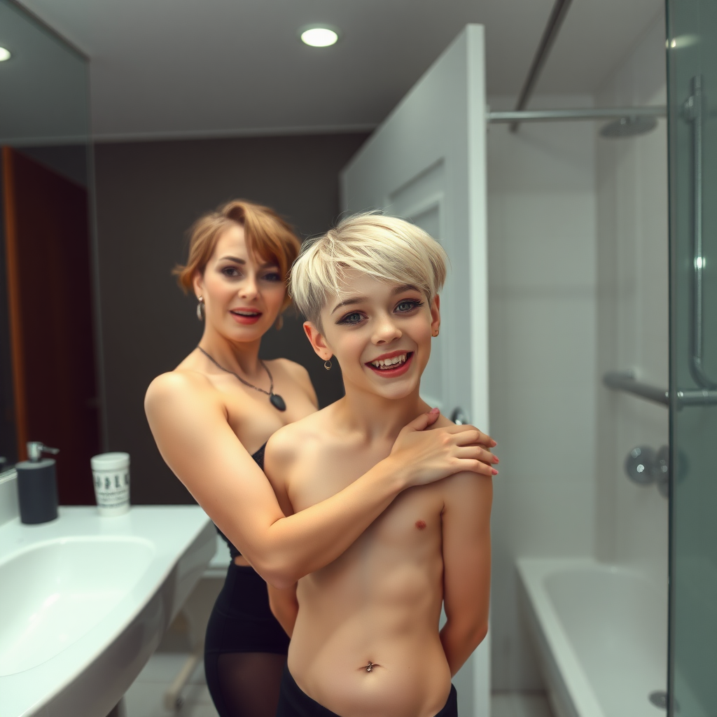 photorealistic, ultra high resolution, 16K, surreal fantasy, studio lighting, a 35 year old mother who is fully dressed for work is watching her pretty 14 year old goth son, slim male physique, short blonde hair, goth makeup, earrings, pantyhose, white ballet shoes, in the bathroom, excited smile, facing the camera.