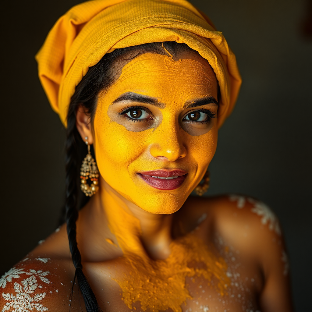 slim, curvy, 30 year old indian maid, her face is covered with turmeric mask and body is covered with soap lather. Her head is covered with a male underwear