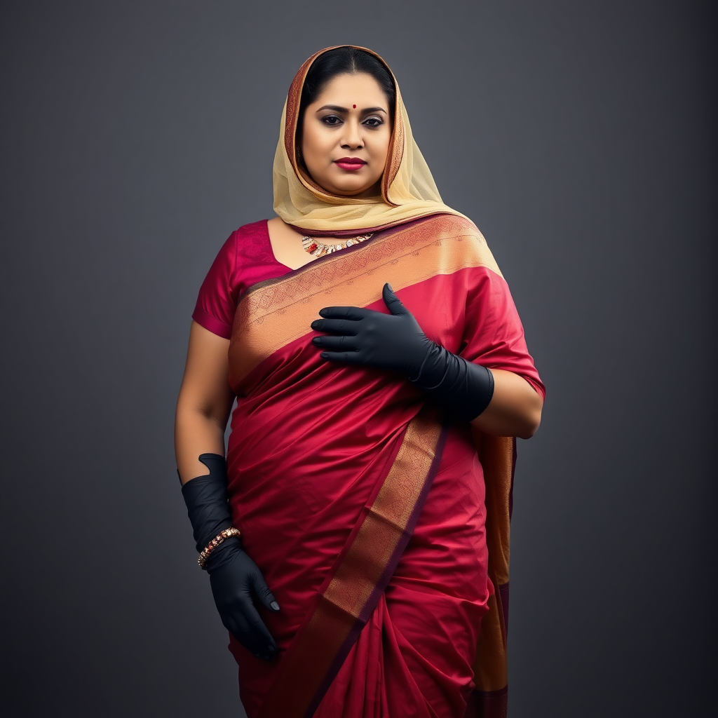 Pov: Curvy mature Indian woman wearing a saree dress, long opera gloves, dupatta headscarf, low-angle