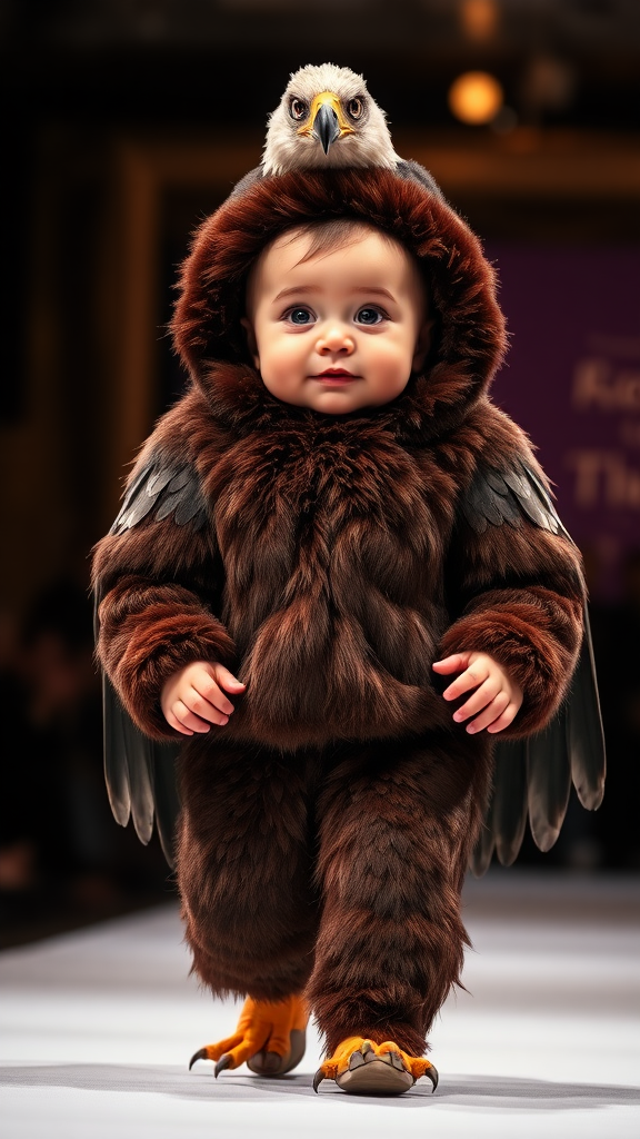 A cute small chubby fair baby with big eyes, pink lips, and pink cheeks, wearing a furry cozy eagle costume, doing a ramp walk in a fashion show while walking with a real eagle, and a cinematic eagle sitting on the baby's head.