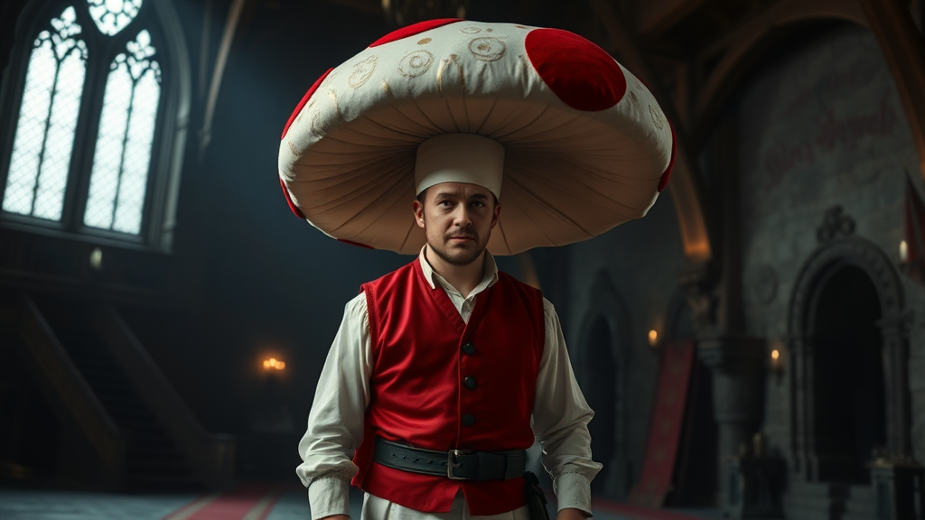 Interior. Dimly lit castle. Peter Dinklage with white pants, red vest, and large mushroom shaped hat that is white with large red spots.