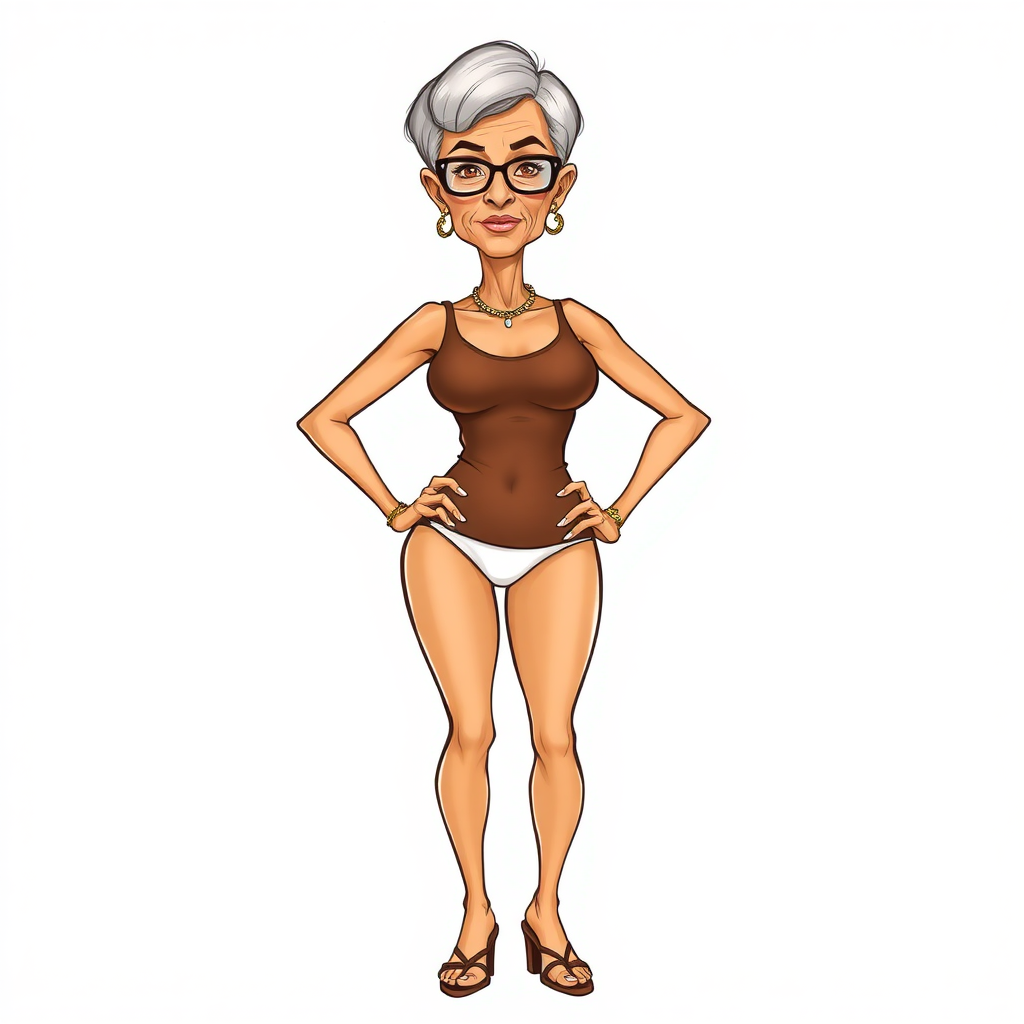 a towering 55 Years old, fit, slim, European, Latina, sharp aquiline nose, wrinkles, high cheekbones, Middle Eastern, Skinny, Tanned skin, Dark light skin, Rounded Medium breasts, Skinny thighs, full Makeup, jewelry, Serious face, Sharp nose, Ash hair, short bowl haircut, Brown eye color, Glasses, with detailed features. Hands on hips, she is wearing a transparent brown tight tank top and tight white thong, detailed fabric. full body, high heels sandals, she is gesturing at the viewer, long establishing shot, 2D, caricature, cartoon, Sketch lines, coloring book, nlack and white, coloring book style on white background, well composed, clean coloring book page, No dither, no gradient, strong outline, No fill, No solids, vector illustration, realistic proportions