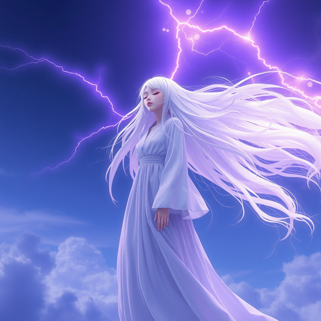 1 girl, solo, long hair, closed mouth, closed eyes, white hair, sky, clouds, white floating, floating hair, cloudy sky, long dress, electricity, purple lightning, 3D movie quality, real photo, rich in detail, ultra high resolution, 32K UHD, sharp focus, best quality, masterpiece, superb detail, delicate balance, with exquisite textures, concept art, mid-air, eyeshadow, makeup, purple atmosphere