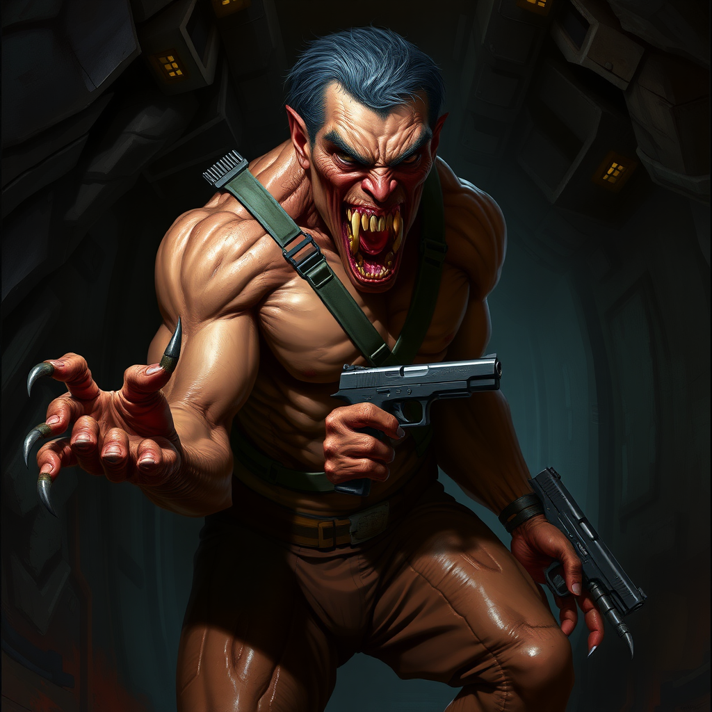 Sci-fi digital horror painting. Heavily mutated crew member, his body and limbs elongated and twisted while muscles ever tensing. Aggressive violent snarl on face. One hand has long sharp claws while the other looks relatively normal and has a pistol in it. Dark rocky industrial corridor.