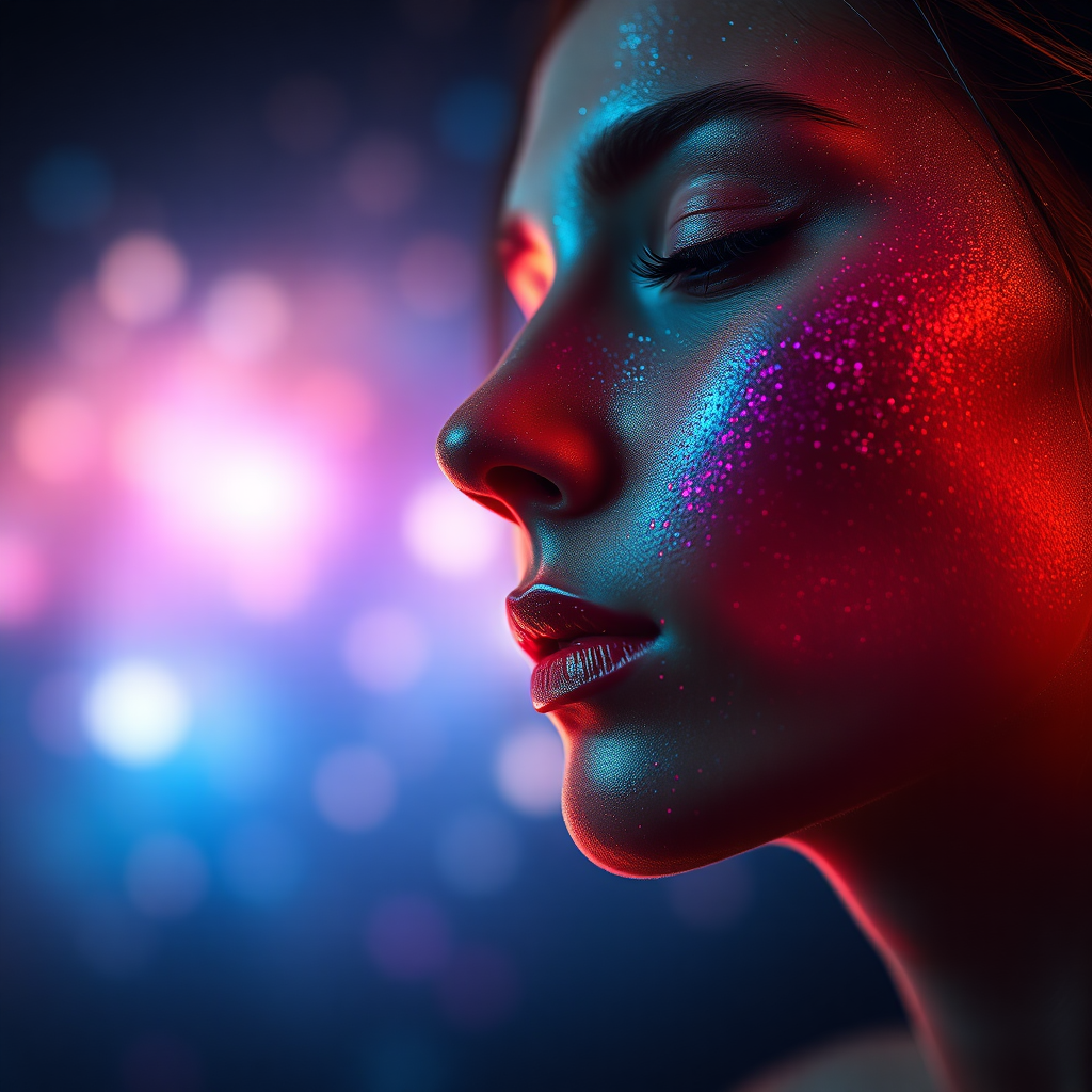 Low Key Lighting, dreamscape, nebula, Bokeh, abstract, brilliant colors, glittering, translucent, iridescent, natural skin, glowing, artistic photo, panoramic, awe, airy, original, experimental, interdimensional