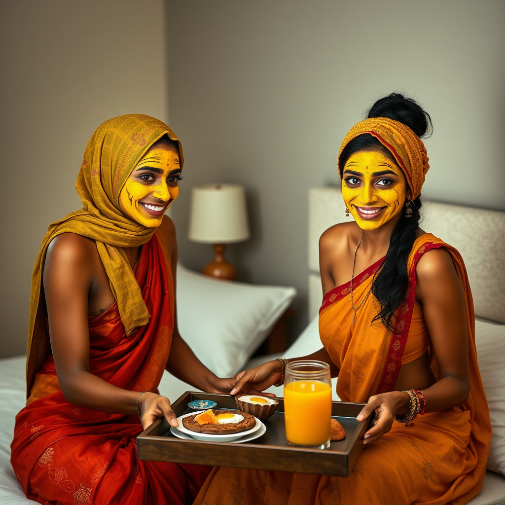 slim, 30 year old, sexy, 2 indian wives, scarf head, turmeric face mask. They are smiling and serving breakfast on a tray on bedside table