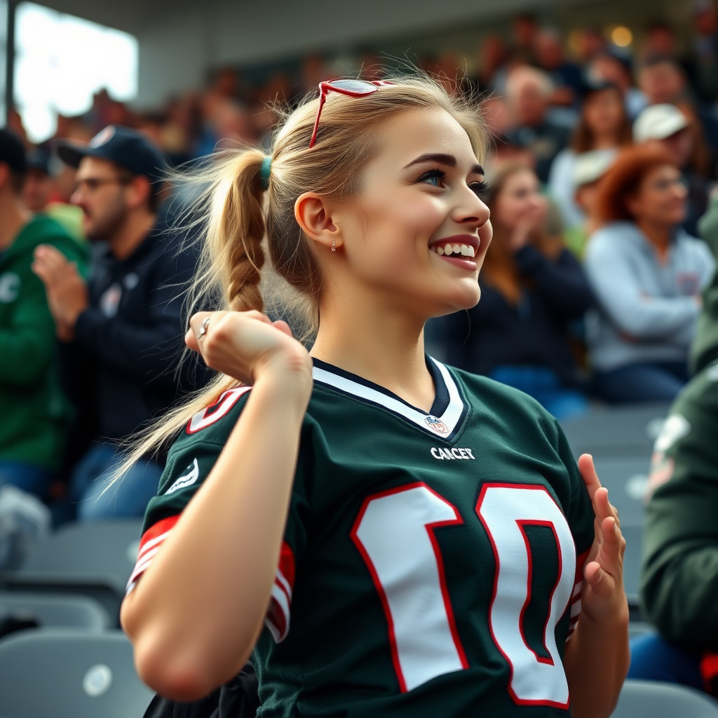 Attractive female NFL fangirl, pigtail hair, jersey, cheering in the bleacher crowd