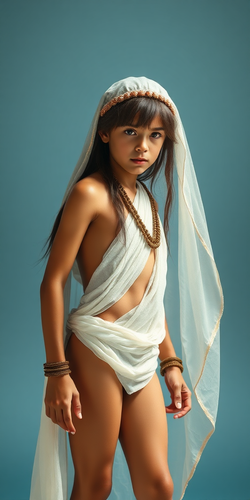 A beautiful ancient Babylonian tween boy, long hairs, long eyelashes, bridal vail, long legs, bare thighs. full length view. photorealistic, ultra high resolution, 16K.