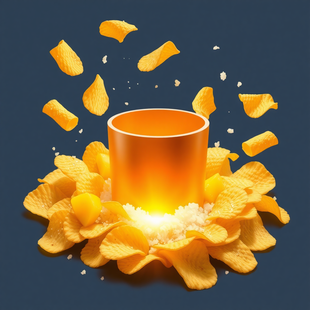 generate image as described below
a punch coming out from bottom and potato chips surrounding it with salt sprinkled around
make potato chips rigged around it