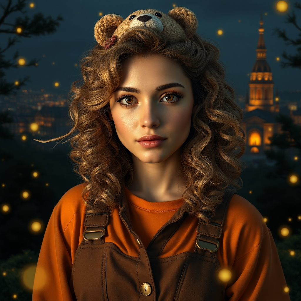 Create a realistic, detailed image of a 25-year-old woman with olive skin. Her eyes are amber and orange in color. Her hair is voluminous and curly to her shoulders. She has delicate features, and her face is strong and cute at the same time. She wears a brown jumpsuit and an orange blouse underneath. She has freckles on her face. It's in the middle of a dark forest, lit by fireflies that glow softly. In the background, a city with fantastic architecture, giving a magical touch to the scene. The image must be extremely realistic, capturing every detail with precision and 8k quality. It looks like a photograph. Extremely realistic. 25 years old. She wears a bear clip on her head. Beautiful. Beautiful. Extremely realistic. Beautiful appearance. Shiny golden blonde hair.