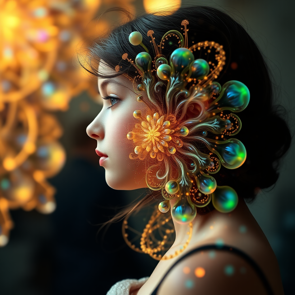 french preteen girl in dynamic pose, in profile, abstract, mandelbulb fractal, ultra-detailed, dynamic composition, street photography, fractal, brilliant colors, glittering, translucent, opal, gold, sharp focus, floral, mother of pearl, iridescent, natural, glowing, Bokeh