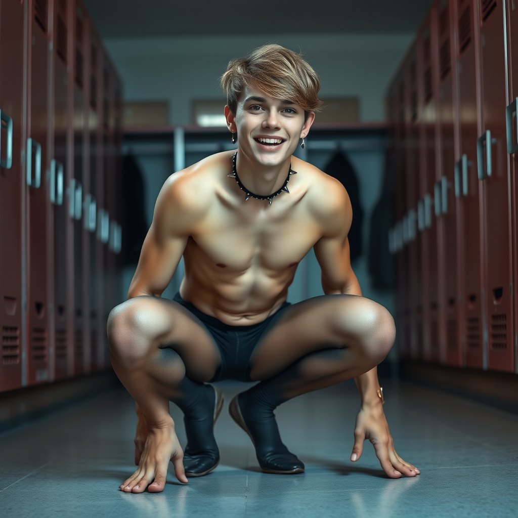 photorealistic, ultra high resolution, 16K, surreal fantasy, studio lighting, Tyler Swift is a pretty 18 year old dog-boy, slim male physique, crotch bulge, short brown hair, goth makeup, earrings, spikey dog collar, grey pantyhose, crouching on the floor in the locker room, excited smile, full body view, facing the camera.