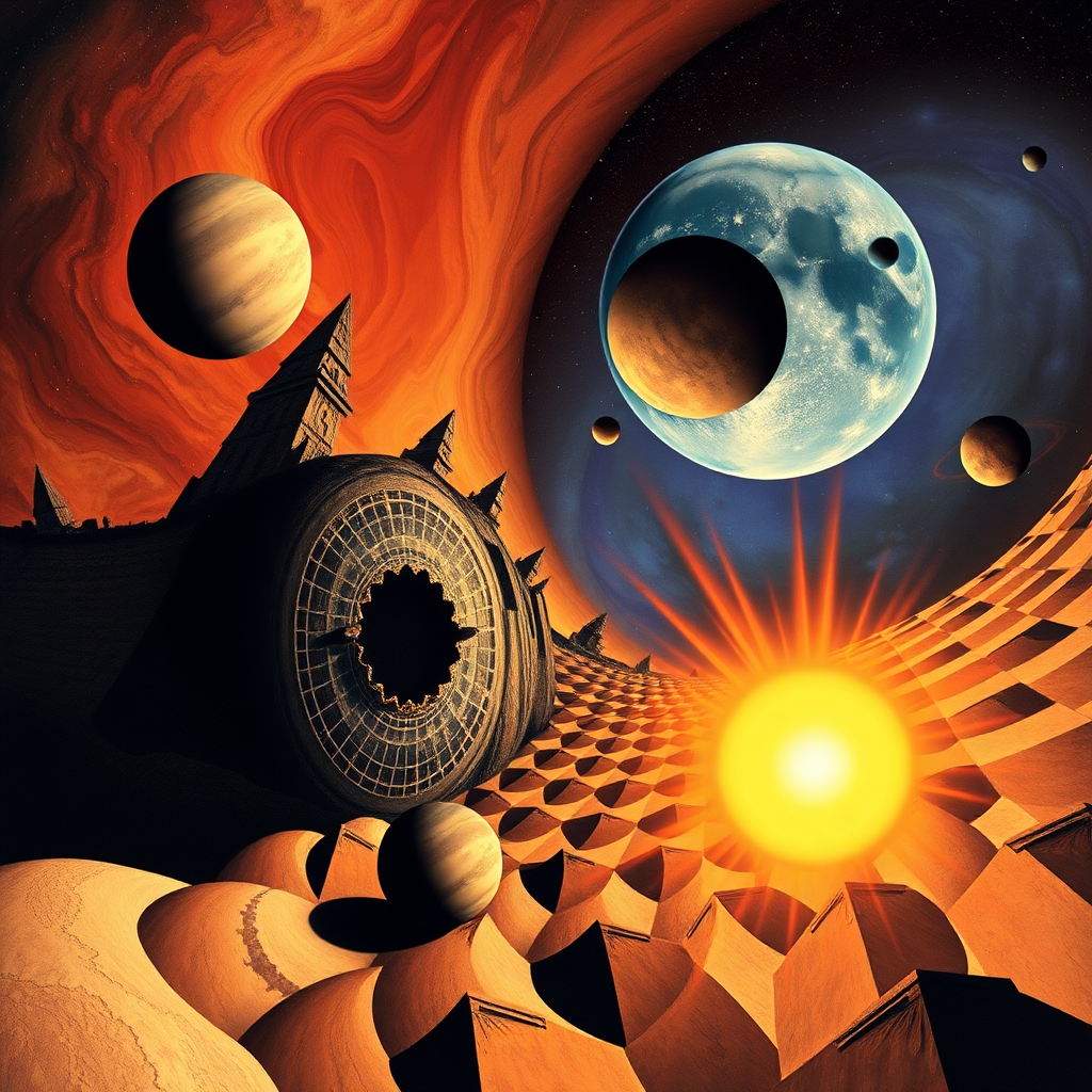 Create a mix picture in "Maxfield Escher" and Salvador Dali style. With planets and Sun.