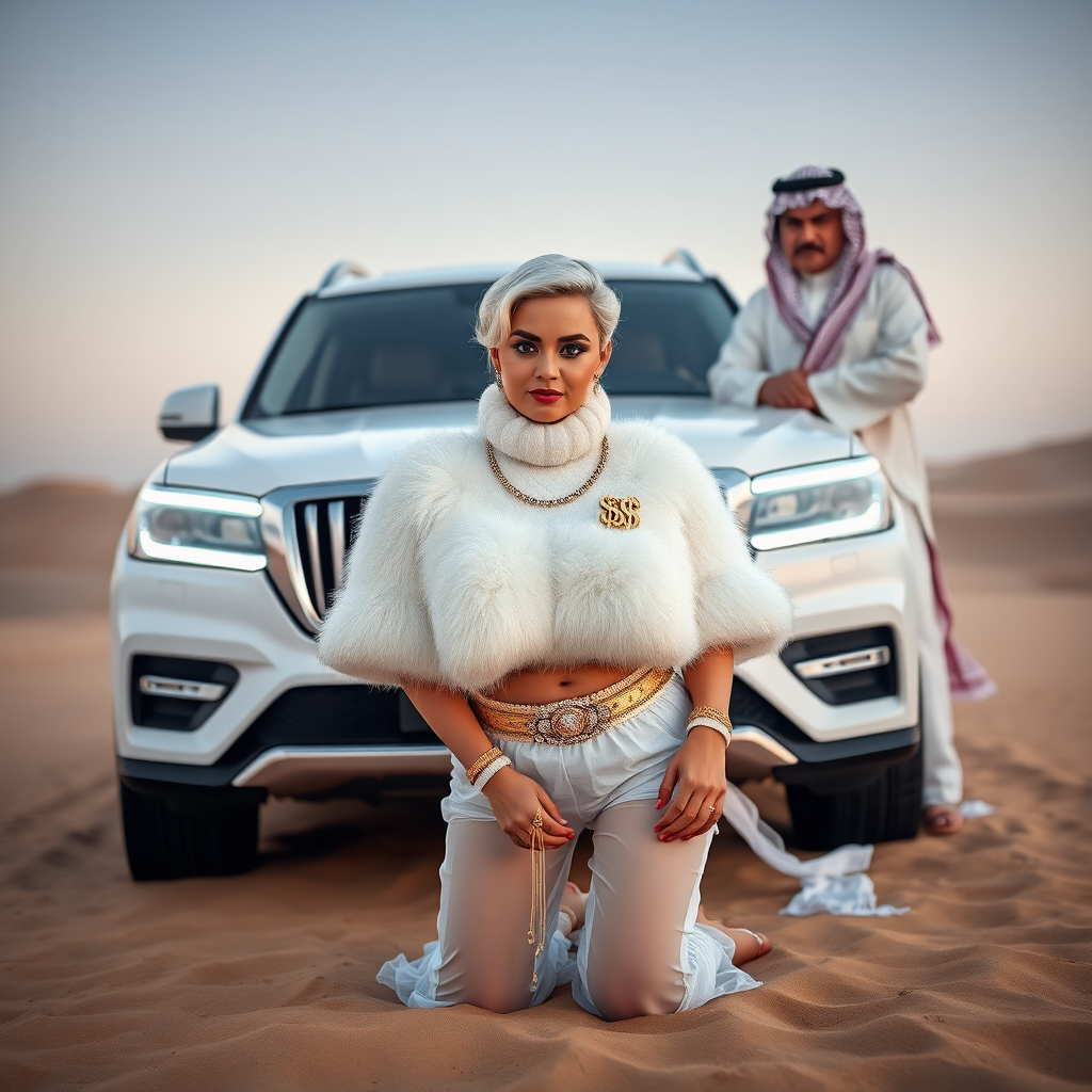 Kuwait desert dunes misty dawn, full size luxury SUV: Melissa, European 17 years old very convincing femboy “trophy-bimbo”, tamed servile docile, very beautiful feminine flawless face, rather short, by hormones very curvaceous womanly figured, platinum blond short tight curls, bold red lips, heavily made-up face, wearing Supertanya-style fluffy very fuzzy bright white angora turtleneck-poncho cropped ending under bust decorated with pearls and gemstones, striking oriental wide gold bridal protection belt, white fully transparent harem pants, full Oriental bridal jewelry including headpiece, nose-ring, coin anklets, striking diamond “$$$” letter brooch on left chest, pout frustrated, hands tied behind back, kneeling in sand in front of SUV, looking at camera. Focus on face and turtleneck-poncho. Standing behind Melissa: older overweight tall proud sheik, approvingly padding Melissa.