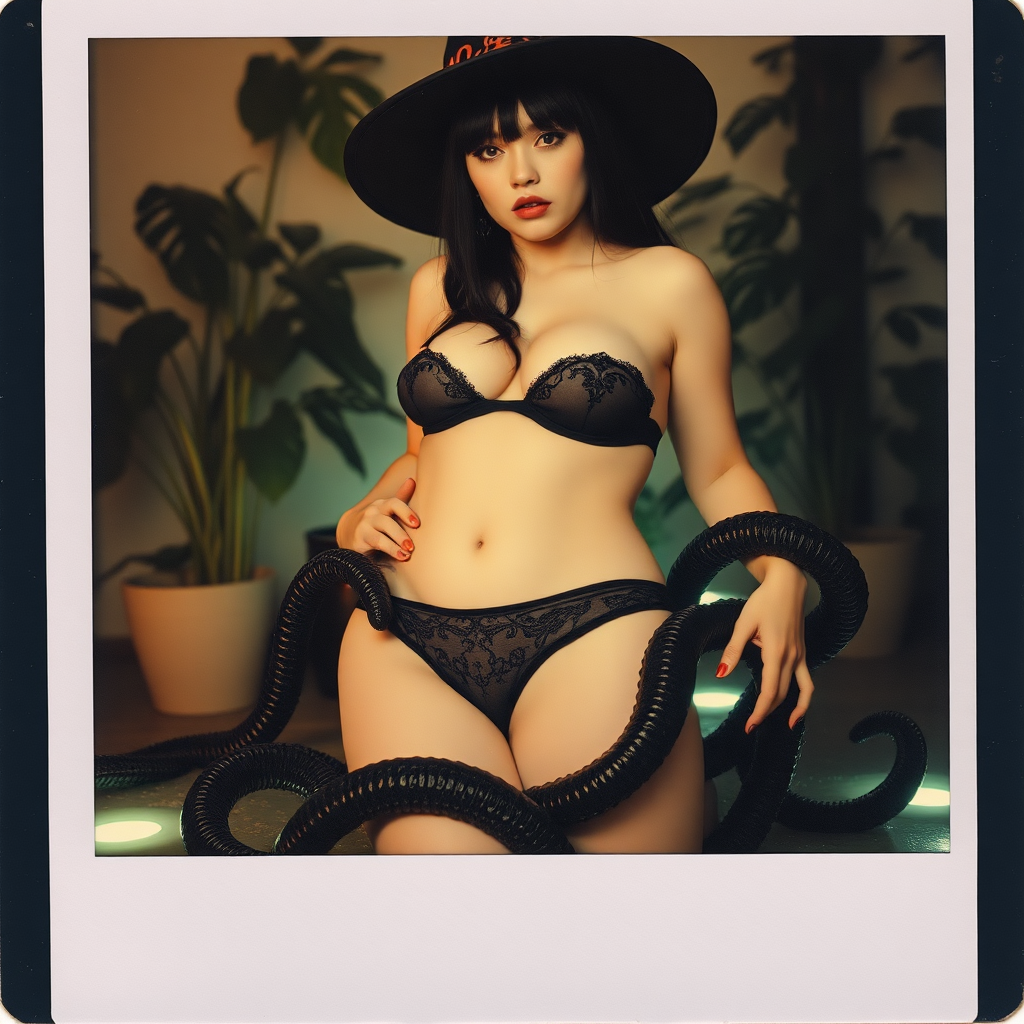 An old polaroid photo with a color tint to the photograph and visible light leaks. The photo depicts a sexy alt goth girl with pale skin and black hair. She has a plump booty. She has large breasts with ample cleavage and she is wearing a skimpy thong. The fabric of her thong is skimpy and black and barely covers her and her bra is translucent and black. She is in a photography studio with artistic lighting and plants are all around her. She is wearing a witch hat. She is restrained and surrounded by black tentacles coming out of magic glowing pools of water on the floor, grabbing her arms and legs.