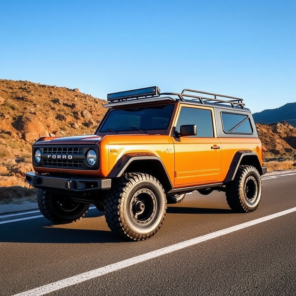 Concept Ford Bronco, the 4x4 car, is parked on the side of the road, inspired by Taiyō Matsumoto, Tumblr, restomod, ND4, C4.