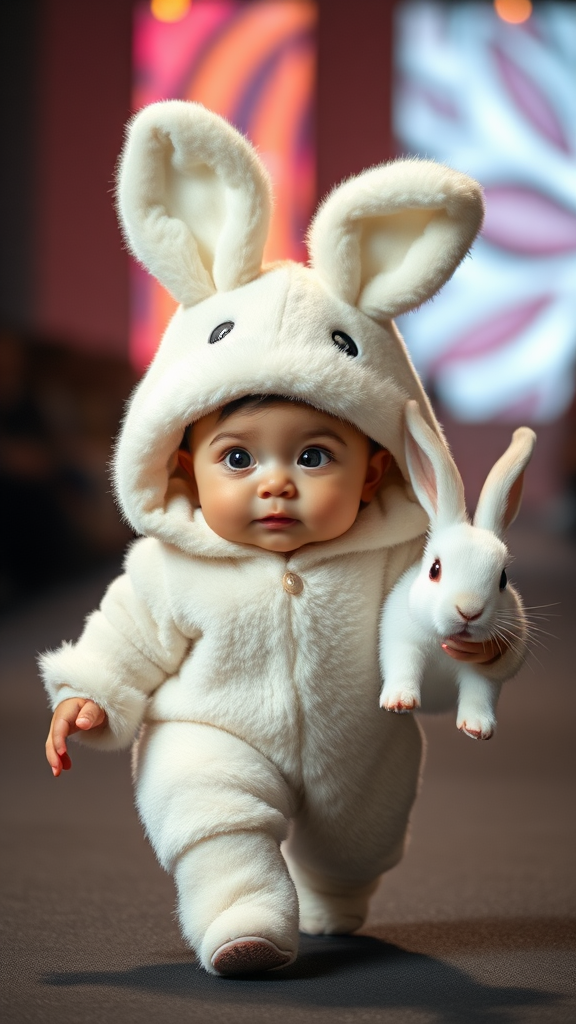 A cute small chubby fair baby with big eyes, pink lips, and pink cheeks wearing a furry cozy white rabbit costume doing a ramp walk in a fashion show, walking with a real big white rabbit held in hand, cinematic.