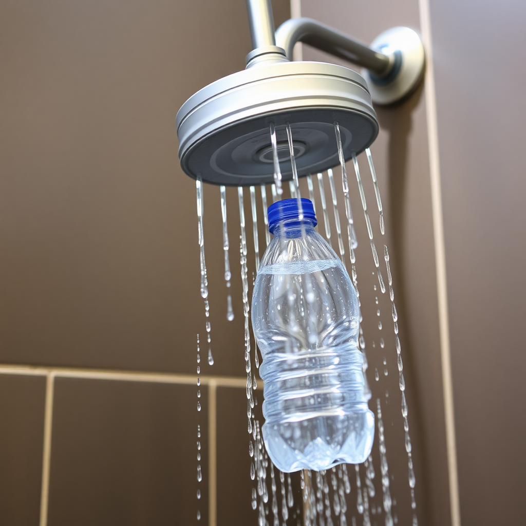 A shower where the showerhead is a plastic water bottle. That is, the water comes out of a bottle.