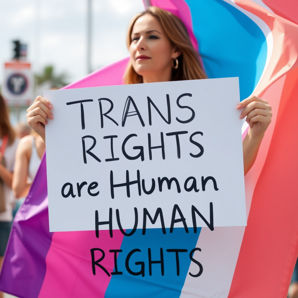 a transgender woman with the transgender flag holding a sign that says "TRANS RIGHTS are HUMAN RIGHTS"